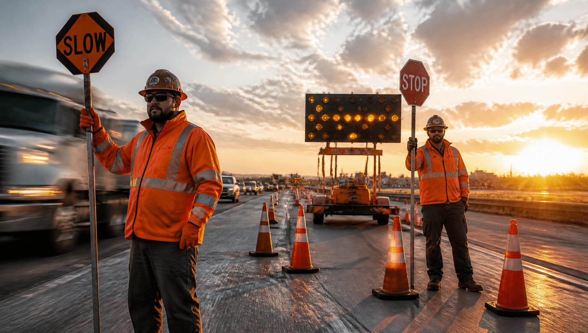 Traffic control crew with STOP and SLOW paddles at a highway work zone at golden hour